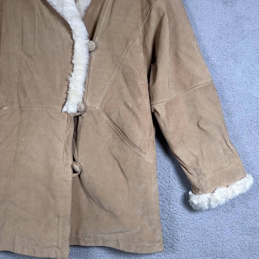 Boundary Waters Coat Womens Large Tan Suede Leather Faux Shearling Shawl Collar - Picture 8 of 16